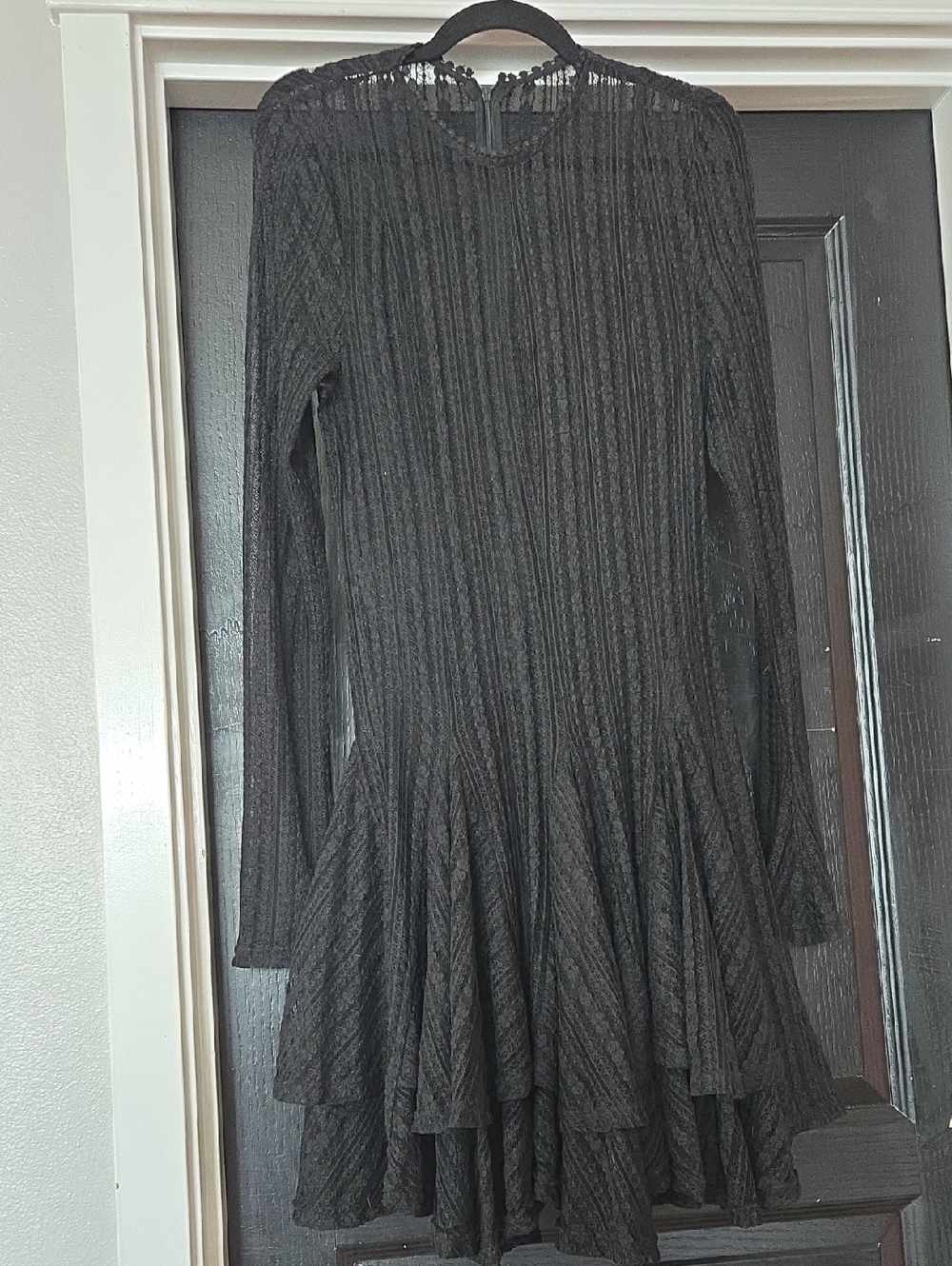 Commense Long Bell Sleeve Black Sheer Lace Handkerchief Hem Fit & Flare Dress XL